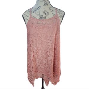 Pink Lace Spaghetti Tank Top Size Size Large (No Size tag is 21" P2P)